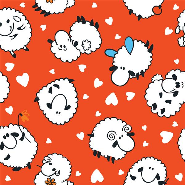 الگوی کارتونی گوسفند بدون درز در پس زمینه قرمز
