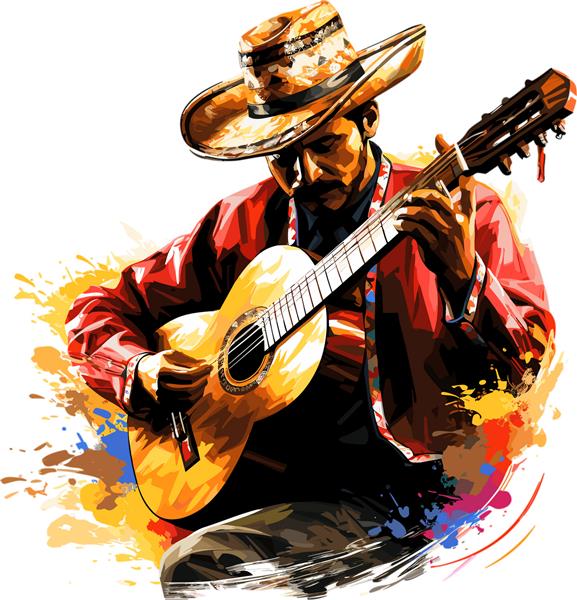 مزرعه‌دار مکزیکی در حال نواختن گیتار با رنگ‌های قوی رنگارنگ تصویر برداری جدا شده در پس‌زمینه سفید