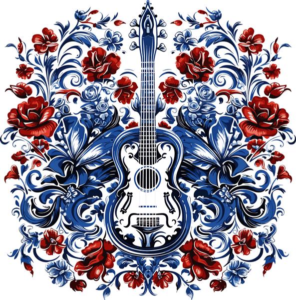 گیتار مکزیکی با انگیزه های تزئینی و گل به سبک تالاورا تصویر برداری جدا شده در پس زمینه سفید