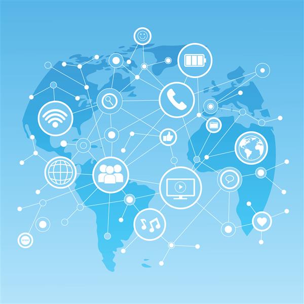 نمادهای رسانه‌های اجتماعی بر روی نقشه جهان تصویر برداری مفهومی اتصال شبکه ارتباطی پس‌زمینه