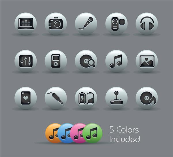 رسانه و سرگرمی سری Pearly شامل 5 نسخه رنگی برای هر نماد در لایه های مختلف