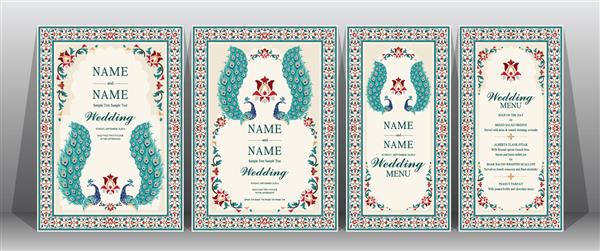 الگوهای کارت دعوت عروسی هندی با گل طرح طاووس