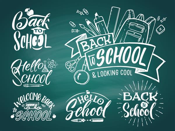 مجموعه نمادهای قدیمی برای مدرسه و دانشگاه به مدرسه خوش امدید وکتور کلمات دست نویس