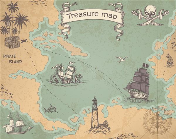 نقشه وکتور دزدان دریایی قدیمی با کشتی های بادبانی نقشه گنج باستانی با کشتی و قطب نما