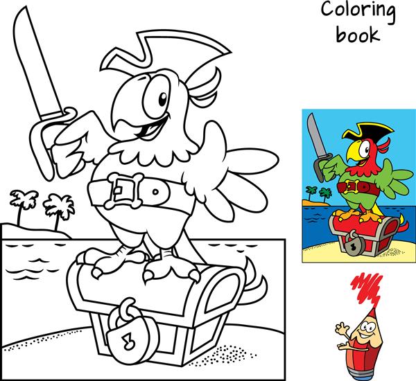 طوطی دزد دریایی با کتلاسی که روی صندوقچه گنج می ماند کتاب رنگ آمیزی تصویر برداری کارتونی