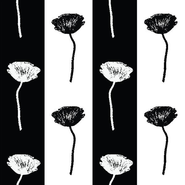 وکتور الگوی بدون درز با گل خشخاش و راه راه سیاه طراحی گرافیکی تکنیک پوینتیلیسم مجموعه طبیعی گیاه شناسی تصویر گل سیاه و سفید