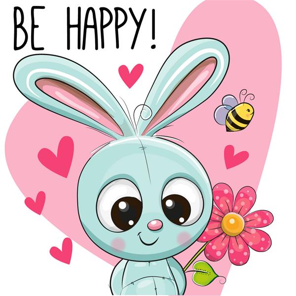 کارت تبریک خرگوش آبی با قلب و گل