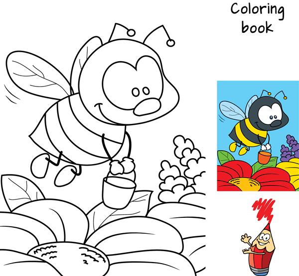 زنبور کوچولوی خنده دار با سطلی که برای عسل پرواز می کند کتاب رنگ آمیزی تصویر برداری کارتونی