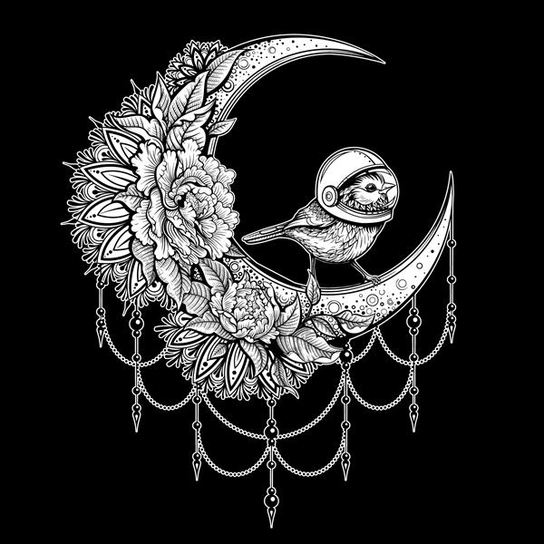 وکتور پرنده سیاه و سفید روی ماه تصویر قدیمی
