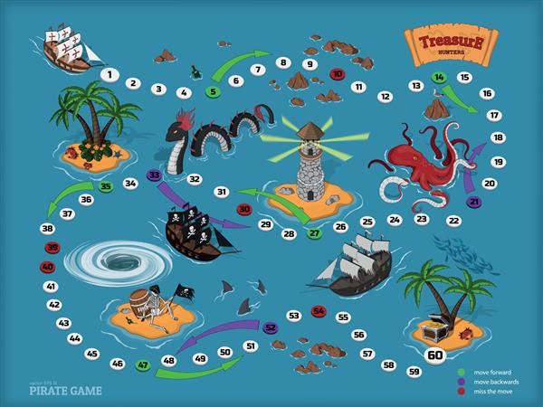 بازی تخته دزدان دریایی برای کودکان نقشه گنج یاب کشتی کورسیر و هیولاهای دریایی به سبک ایزومتریک صندوق طلا در جزیره گرمسیری تصویر برداری
