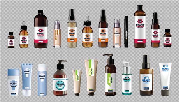 ماکاپ مجموعه مجموعه بطری های واقعی وکتور دیجیتال لوازم آرایشی مراقبت از بدن و مراقبت از مو