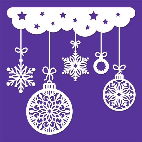 دکوراسیون کریسمس برای برش لیزری کاغذ برش با دانه های برف و توپ های جدا شده در پس زمینه آبی گلدسته پنجره تصویر برداری شابلون سال نو سیلوئت برش لیزری