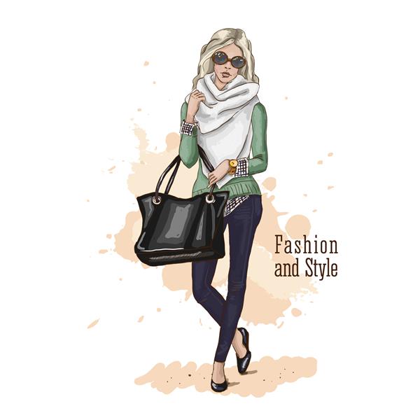 تصویر برداری مد طرح طراحی شده با دست زن جوان شیک پوش با لباس های مد روز با یک کیف بزرگ موی بلوند عینک آفتابی