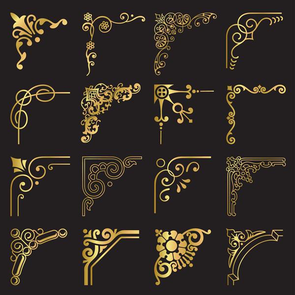 وکتور مجموعه عناصر طرح قاب های وینتیج تزئینی گوشه و حاشیه طلا