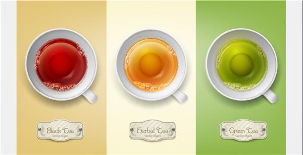مجموعه وکتور با فنجان های چای سبز مشکی گیاهی جدا شده در زمینه رنگارنگ عنصری برای طراحی تبلیغات بسته بندی
