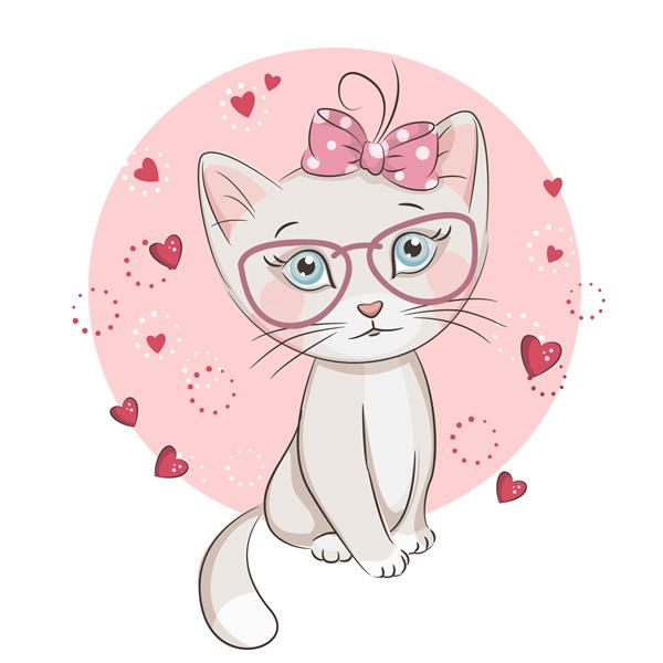 تصویری از بچه گربه ناز در عینک طرح وکتور در زمینه سفید چاپ برای تیشرت نقاشی دستی عاشقانه برای کودکان
