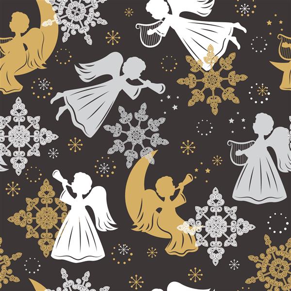 الگوی بدون درز با دانه های برف و فرشتگان برای بسته بندی کریسمس منسوجات کاغذ دیواری تصویر برداری