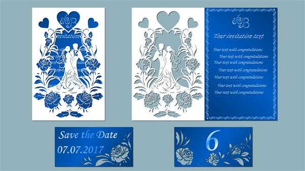 تصویر برداری کارت پستال کارت دعوت و تبریک با داماد و عروس زیر طاق گل الگوی برش لیزری دختر و پسر گل رز قلب