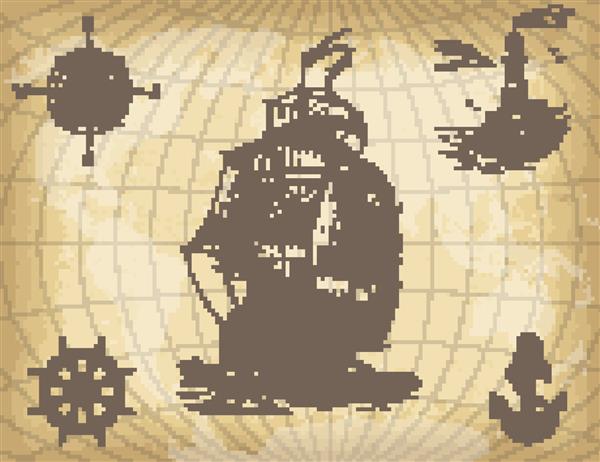 پس زمینه انتزاعی کشیده شده با دست با کشتی قایقرانی قدیمی قطب نما فانوس دریایی چرخ کشتی لنگر و نقشه جهان روی بافت کاغذی قدیمی قالب برای کارهای طراحی شما تصویر برداری