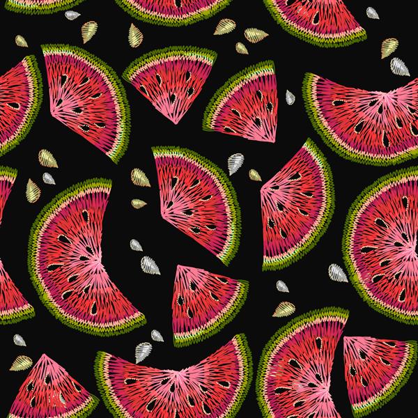 الگوی بدون درز هندوانه گلدوزی پس زمینه بدون درز گلدوزی میوه ها با دست طراحی شده است قالب لباس مد طرح تی شرت