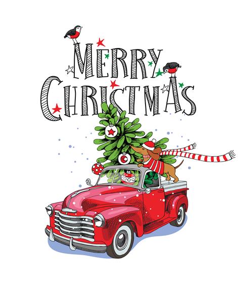 کارت کریسمس کامیون یکپارچهسازی با سیستمعامل قرمز با یک درخت صنوبر هدایا و داچشوند در روسری تصویر برداری