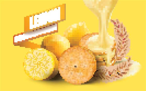 عناصر کوکی ساندویچ لیمو سس لیمو که از بالا می چکد با مواد گندم جدا شده در پس زمینه زرد در تصویر سه بعدی