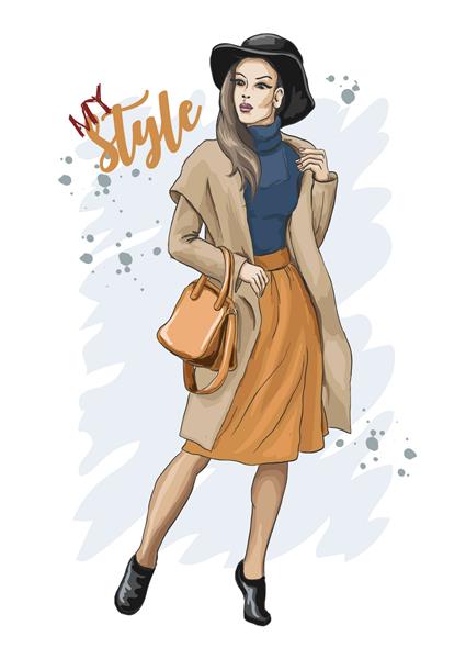 طرحی از یک زن جوان شیک پوش با دست کشیده شده است زن مد با یک کیف در کت و کلاه سبک گاه به گاه ژست مدل لباس تصویر برداری