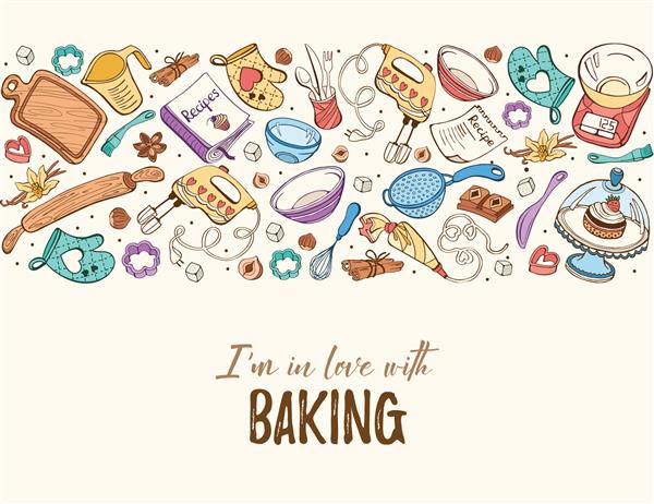 من عاشق شیرینی پزی هستم ابزار پخت در ترکیب افقی مفهوم پس زمینه کتاب دستور غذا پوستر با ظروف آشپزخانه با دست طراحی شده است