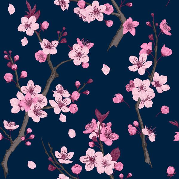 ساکورا الگوی بدون درز شاخه های شکوفه گیلاس صورتی تصویر برداری گیاه شناسی