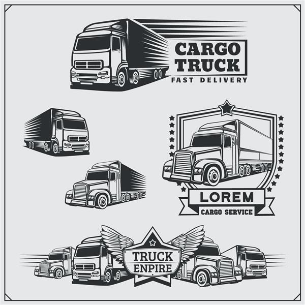 مجموعه کامیون باری و وسیله نقلیه تحویل نشان ها برچسب ها نشان ها و عناصر طراحی مسیر بار