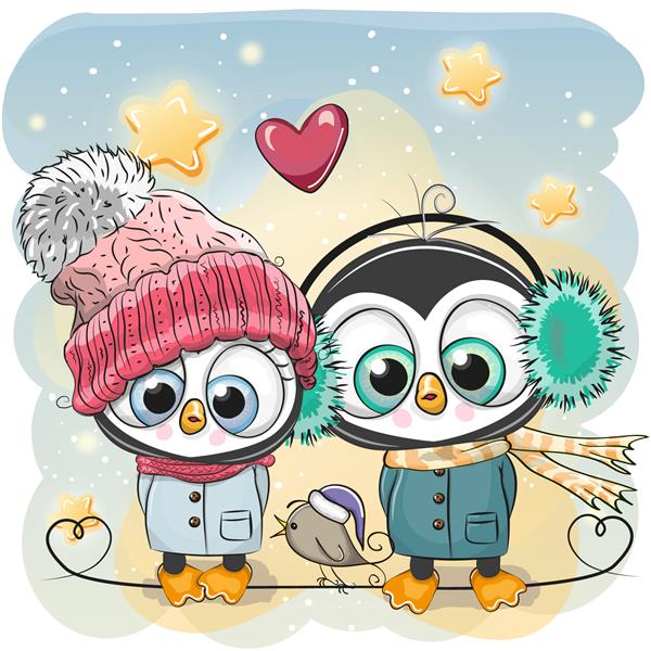 تصویر زمستانی زیبا پسر و دختر پنگوئن با کلاه و کت