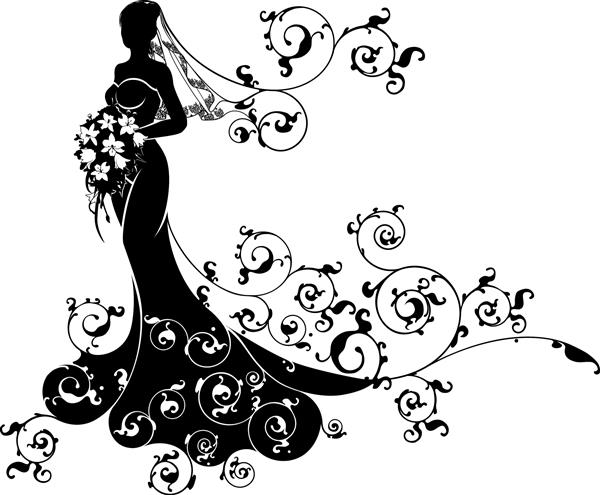 عروسی با سیلوئت با لباس عروس و مقنعه که دسته گلی از گل و طرح مفهومی انتزاعی را در دست دارد