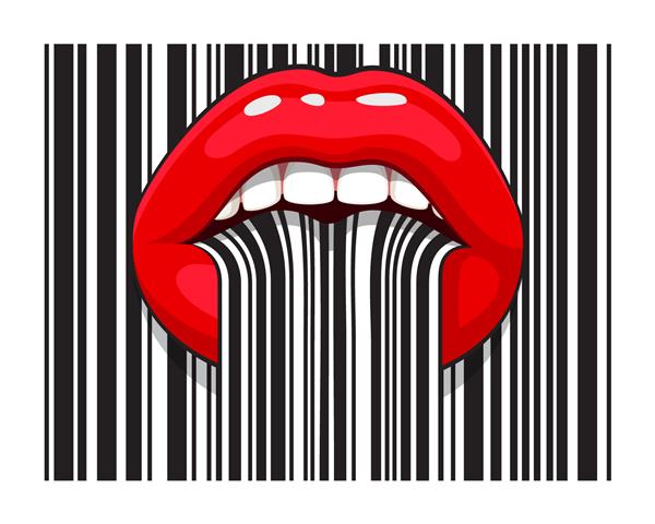 آرایش نواری بارکد دهان زن با زبان لب های بارکد اسکن دیجیتال حذف شده است