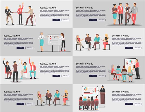 سمینارهای آموزشی کسب و کار مجموعه ای از پوسترها با همکاران شرکت کننده در بحث های کنفرانس و مسابقات وکتور بنرهای وب با متن