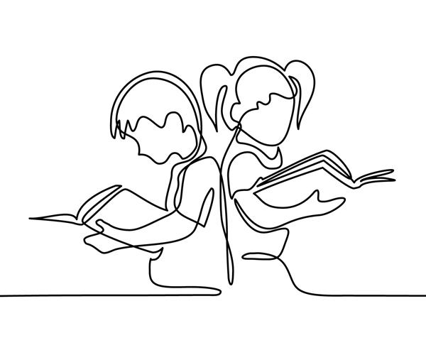 بچه ها در حال خواندن کتاب مفهوم بازگشت به مدرسه خط کشی مداوم تصویر برداری بر روی زمینه سفید