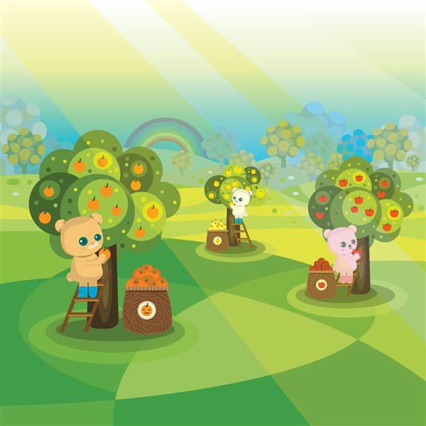 سبک های کارتونی زیبا برداشت شخصیت خرس کارتونی درخت پرتقال درخت گیلاس درخت سیب در پس زمینه میوه باغ