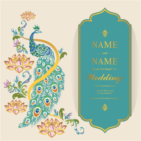قالب کارت دعوت عروسی با طاووس طلایی با طرح نیلوفر آبی و رنگ کریستال روی کاغذ