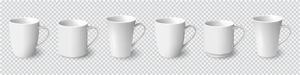 مجموعه ای از لیوان های قهوه سفید واقع گرایانه جدا شده در پس زمینه شفاف قالب های وکتور برای Mock Up تصویر برداری
