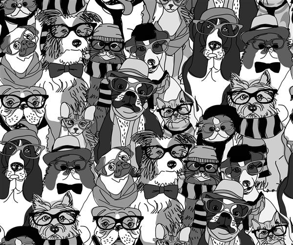 گربه‌ها و سگ‌های مد در عینک‌های خاکستری با الگوی بدون درز تصویر برداری تک رنگ EPS8