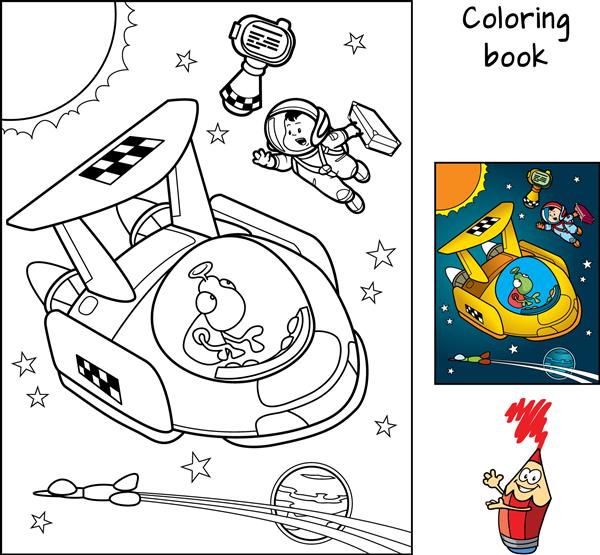 مسافر فضایی با چمدان تاکسی می گیرد کتاب رنگ آمیزی تصویر برداری کارتونی