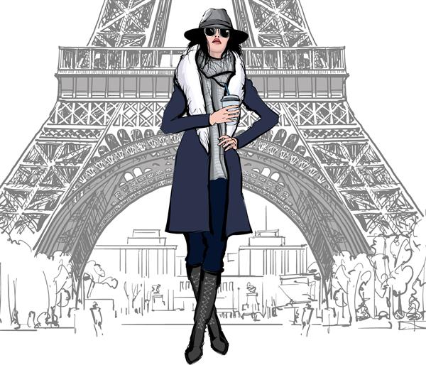مدل مد جوان زیبا با لباس آبی در پاریس - تصویر برداری