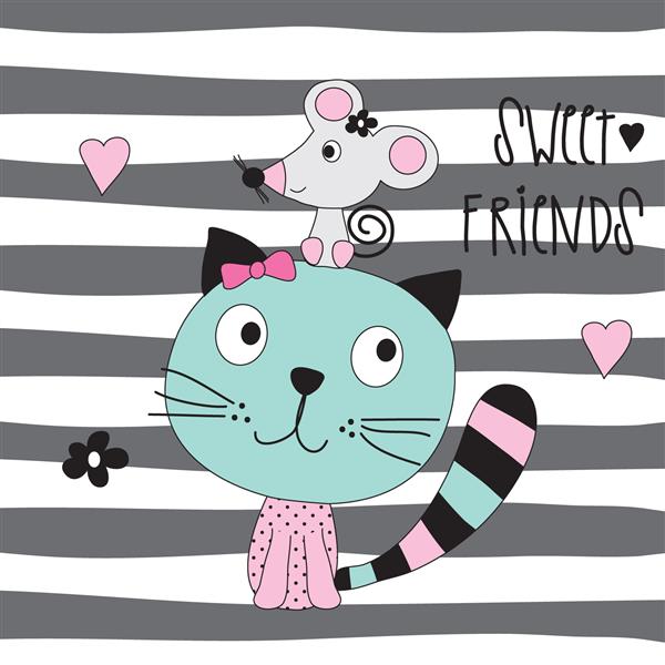 گربه و موش ناز روی پس زمینه راه راه دوستان شیرین دعوت نامه و کارت تبریک طرح تی شرت برای کودکان وکتور تصویر