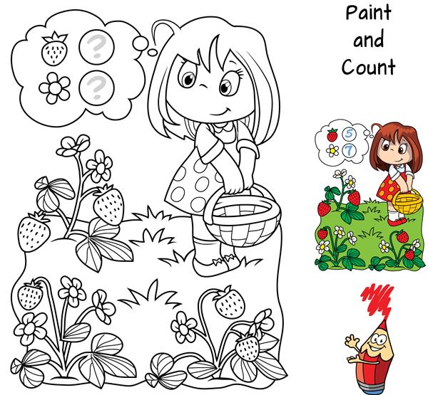دختر چند گل و چند توت توت فرنگی در چمنزار پیدا کرد؟ بازی شمارش آموزش برای کودکان کتاب رنگ آمیزی تصویر برداری کارتونی