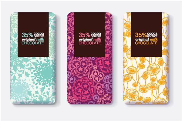 وکتور ست طرح بسته بندی شکلات تخته ای با نقوش گل های پاستلی مدرن قاب مستطیل مجموعه قالب بسته بندی قابل ویرایش
