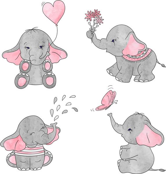مجموعه ای از بچه فیل های کارتونی زیبا وکتور تصویر آبرنگ