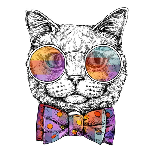 پرتره دستی گربه در عینک با پاپیون تصویر برداری جدا شده روی سفید