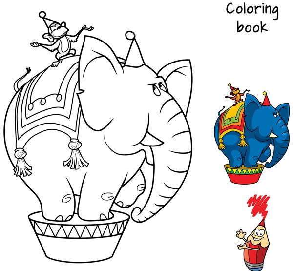 فیل سیرک و میمون کتاب رنگ آمیزی تصویر برداری کارتونی