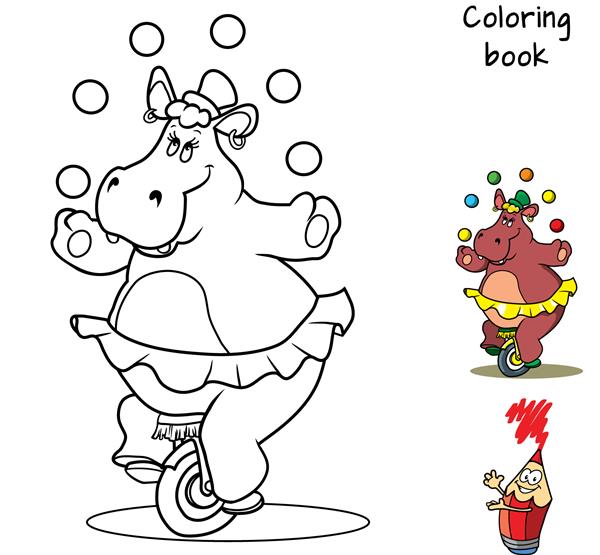 اسب آبی خنده دار با دامن روی یک چرخه که با توپ ها شعبده بازی می کند کتاب رنگ آمیزی تصویر برداری کارتونی
