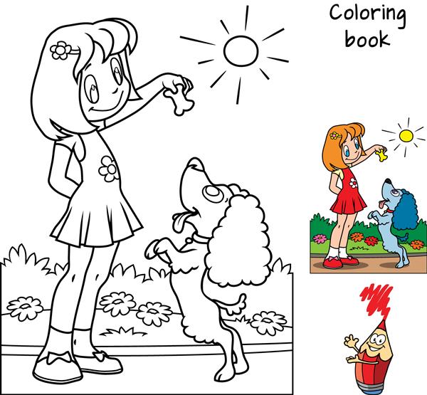 دختر بچه در حال بازی با سگ کتاب رنگ آمیزی تصویر برداری کارتونی