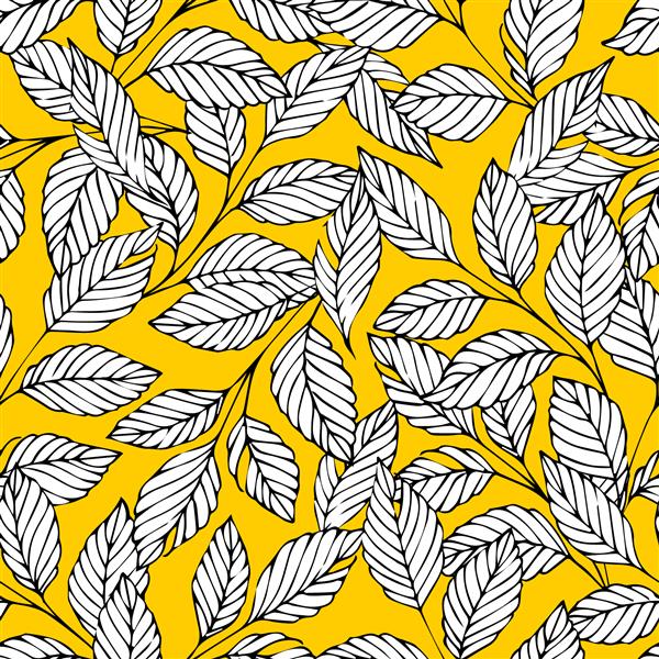 وکتور الگوی بدون درز با شاخه های تلطیف شده در پس زمینه زرد پس زمینه تزئینی برای طراحی و تزیین پارچه کاغذ دیواری کاغذ بسته بندی و کادو
